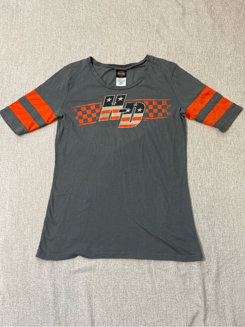Harley Davidson Womens S Gray Orange Jersey Tee Bikercore Moto Y2K Tripp’s